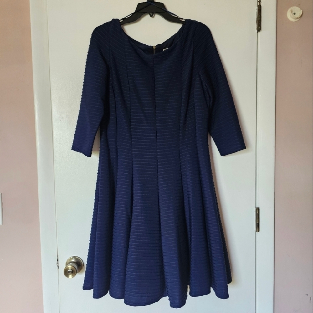 NWOT Julian Taylor blue midi 3/4 sleeves solid ribbed a-line formal dress Sz 14
